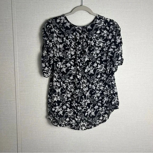 J Crew Black/Ivory Bird & Floral Toile Print Ruched‎ Sleeve Top Size Medium - Picture 3 of 8